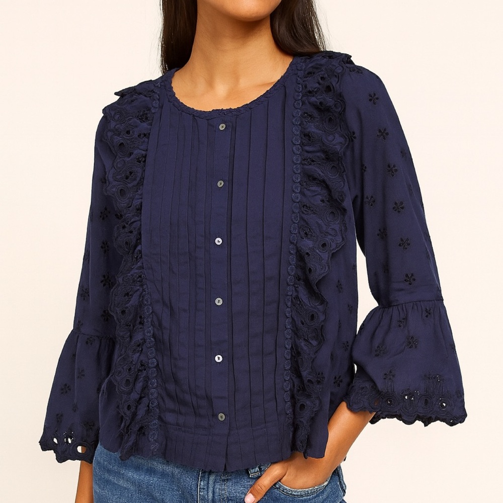J. Crew Eyelet Lace Ruffle Bell Sleeve Blouse Size 12 Navy Blue Boho Romantic - Picture 7 of 9